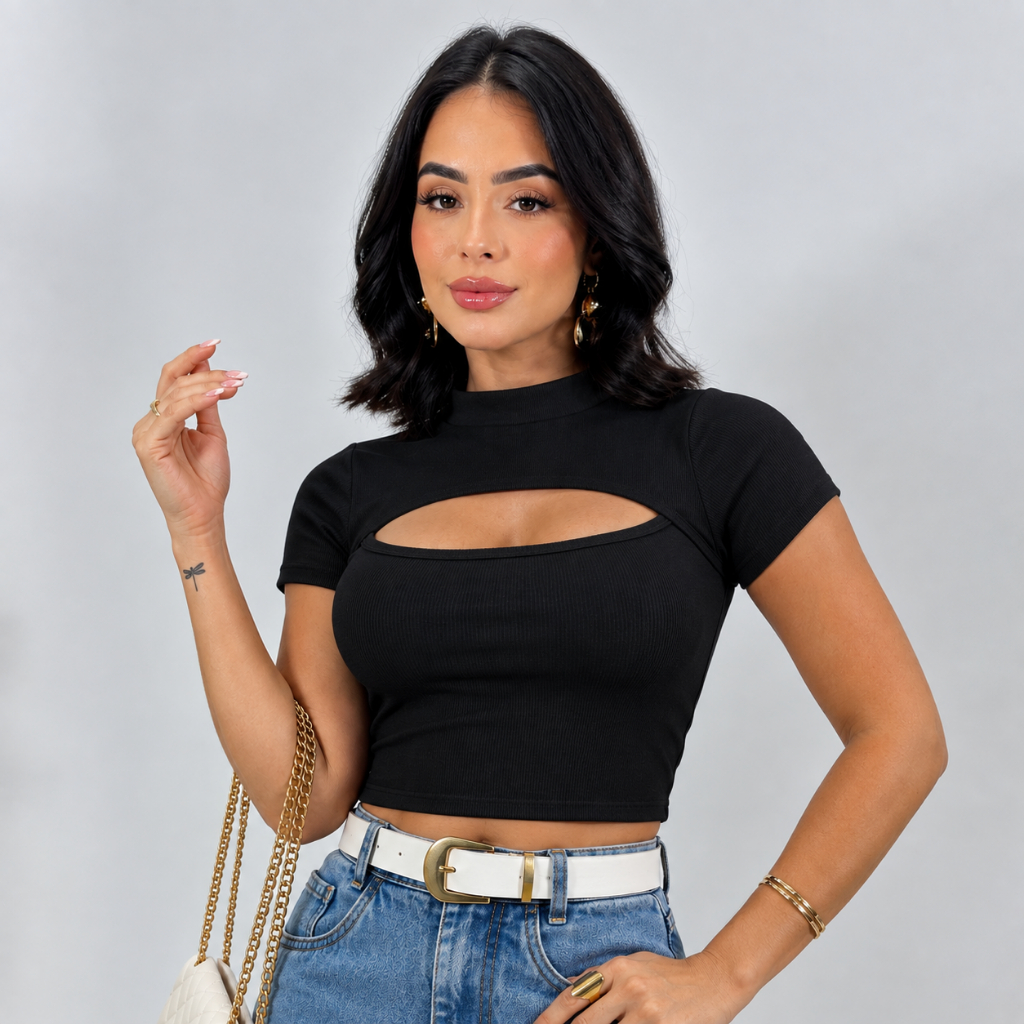 Blusa Feminina Decote Ribaninha Premium Canelada Manga Curta Cropped Roupa Moderna Feminina