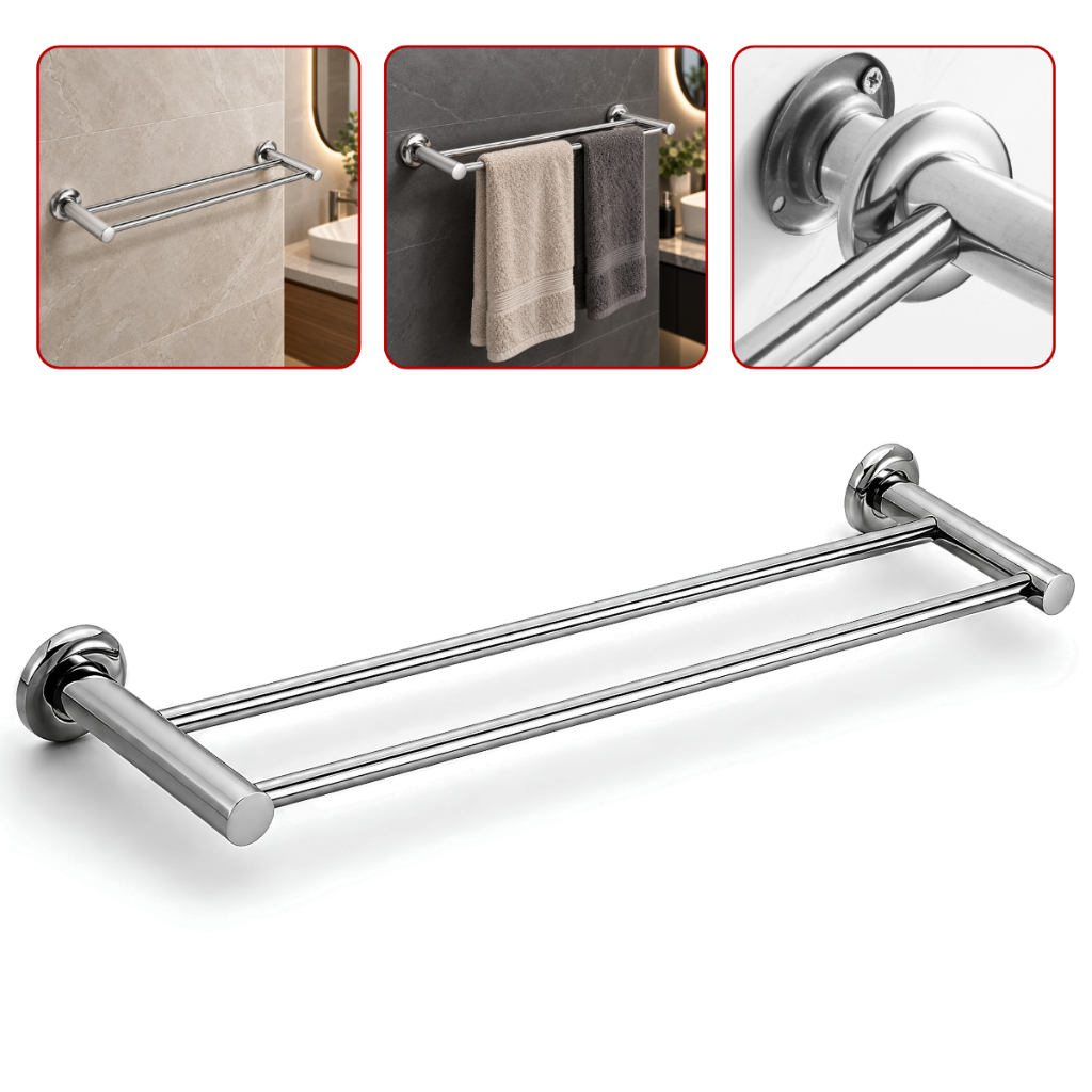 Porta Toalha de Banho Duplo Aço Inox 50cm Parede Banheiro Cromado Fixação Dupla
