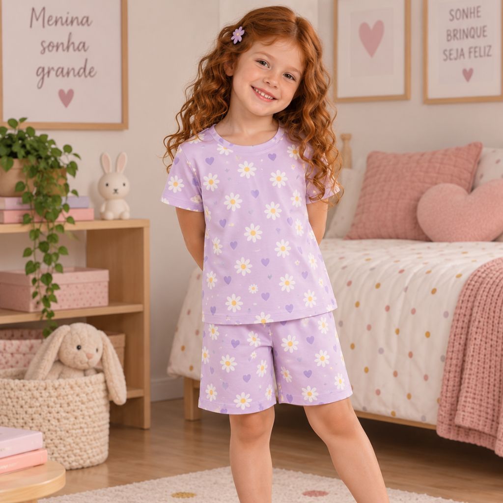 Kit 2 Pijamas Suede Infantil Menina Short e Blusa Estampado Confortável Macio Pijama de Dormir Feminino BabyDoll