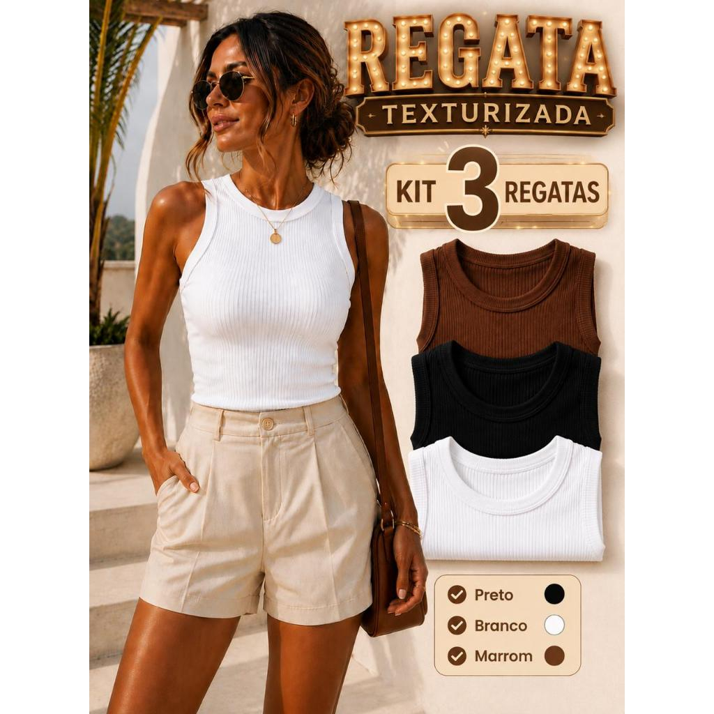 KIT 3 Regatas RIBANA feminina preta,marrom e branca cores básicas para o dia dia- tecido texturizado