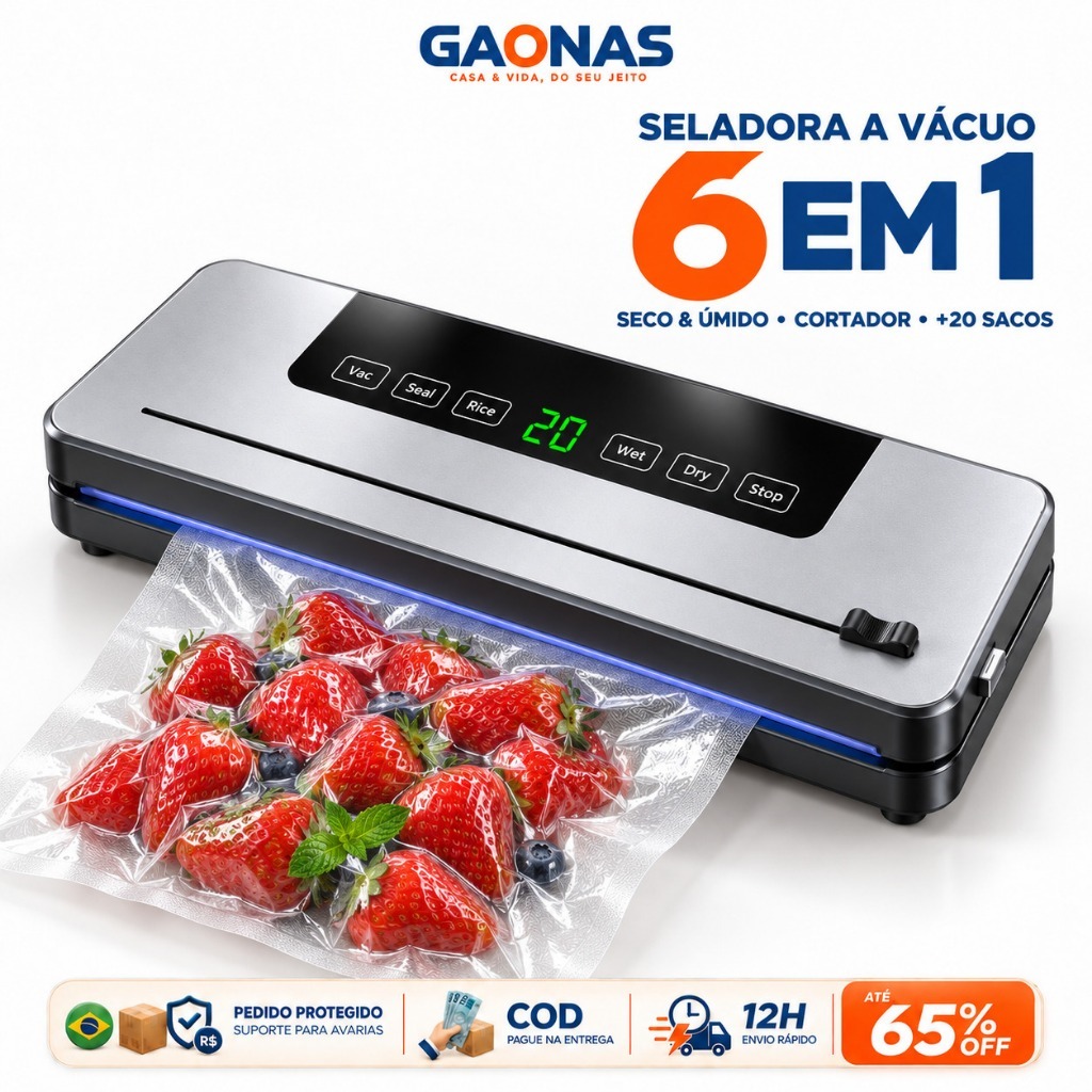 GN-Seladora a Vácuo Bivolt 75kPa 120W 6 em 1 com Visor Digital Cortador +20 Sacos para Alimentos Frescos Casa e Cozinha