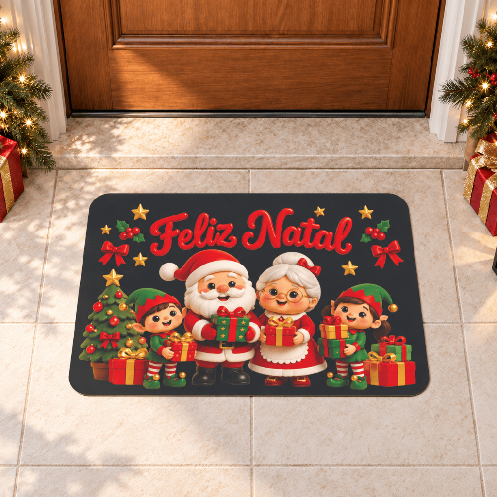 Tapete Porta de Casa Natal De Papai e Mamãe Noel Feliz Natal Preto  Decoração Fofo Antiderrapante