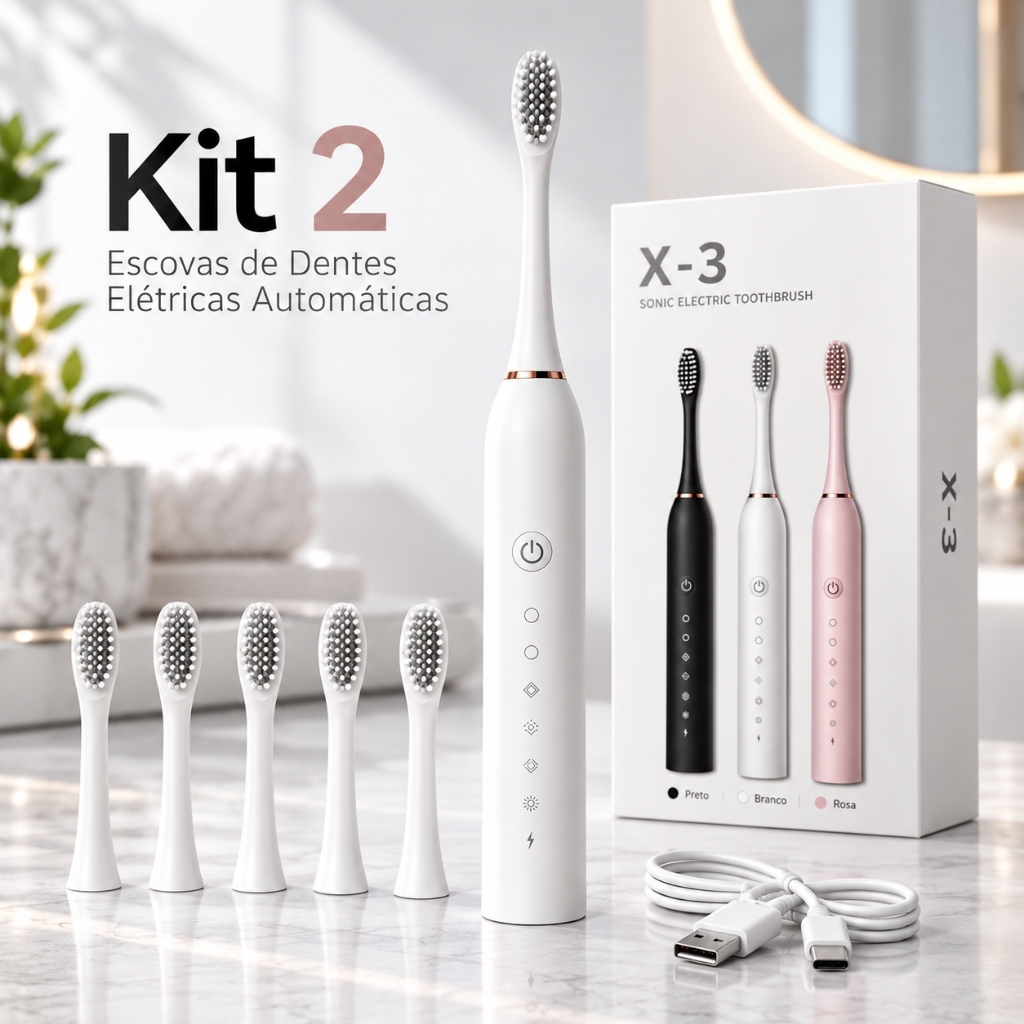 Kit 2 Escova Elétrica Recarregável Type-C Cerdas Macias Limpeza Profunda Adulto Criança Usb 6 Modos Moderna