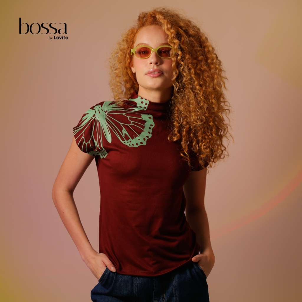 Lovito Bossa Blusa Feminina Gola Média Com Estampada de Borboleta BLB18861916