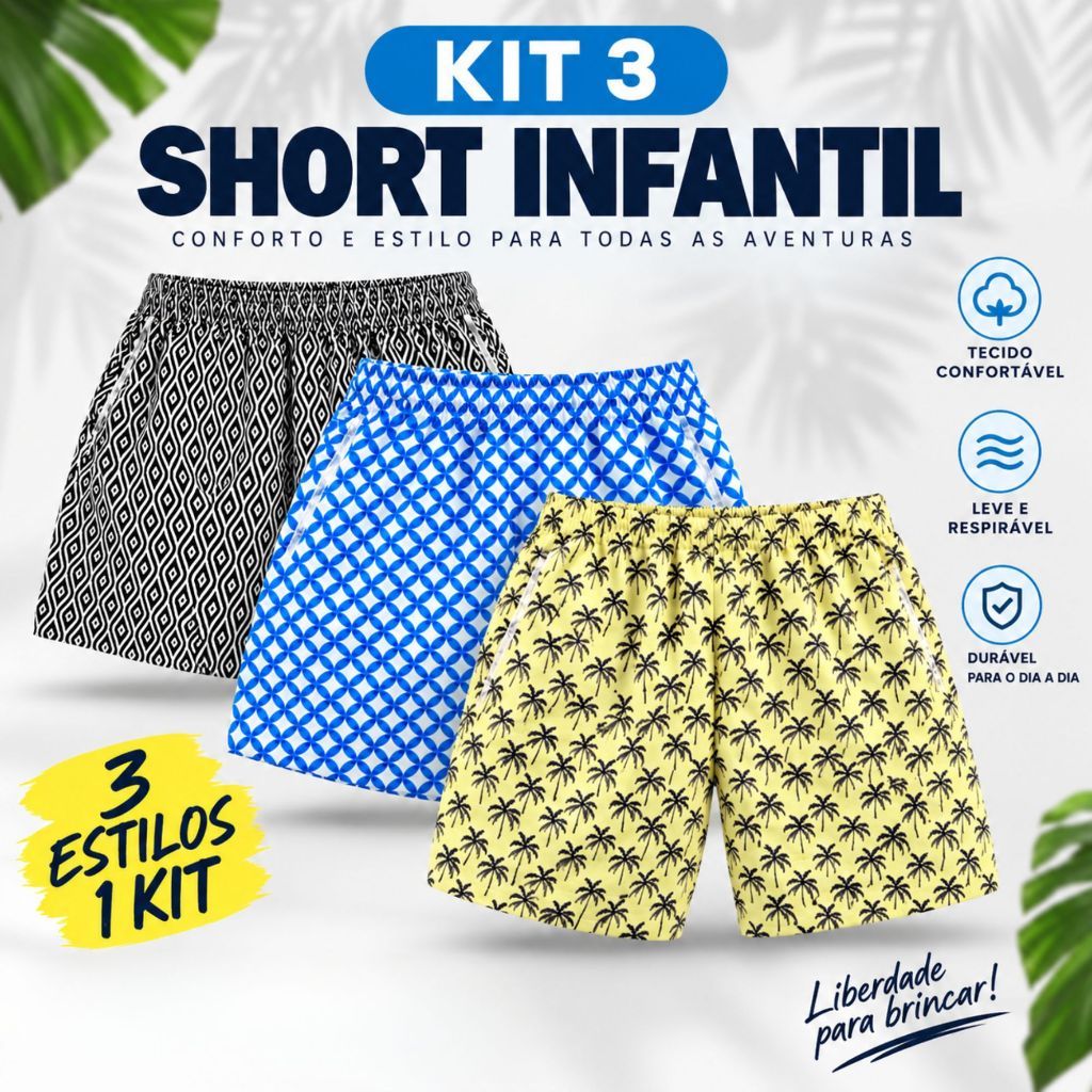Kit Infantil Bermudas Tactel 3 Unidades Estampadas Menino Verão Secagem Rápida Shorts Elastano