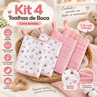 kit 4 Toalha Fralda Boca Babete Bebe Soft estampas sortida 100% Algodão com Prendedor de Chupeta