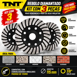 Kit 03pçs Rebolo Fresa Disco Desbaste Concreto Granito Mármore Piso