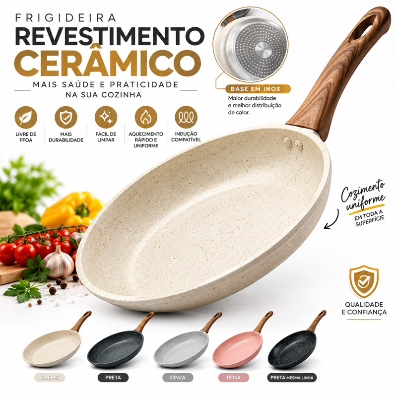 Frigideira Antiaderente Não Usa Óleo Cerâmica Vanilla Cream Fundo Triplo Premium Indução