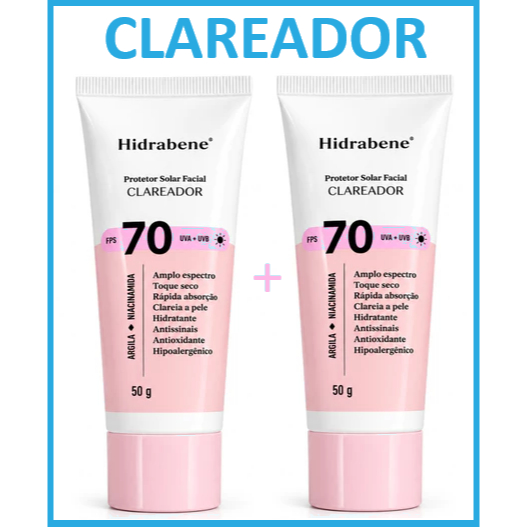 Kit 2 Protetor Solar Facial Clareador Hidrabene FPS 70 Toque Seco Antissinais Clareia a pele 50g