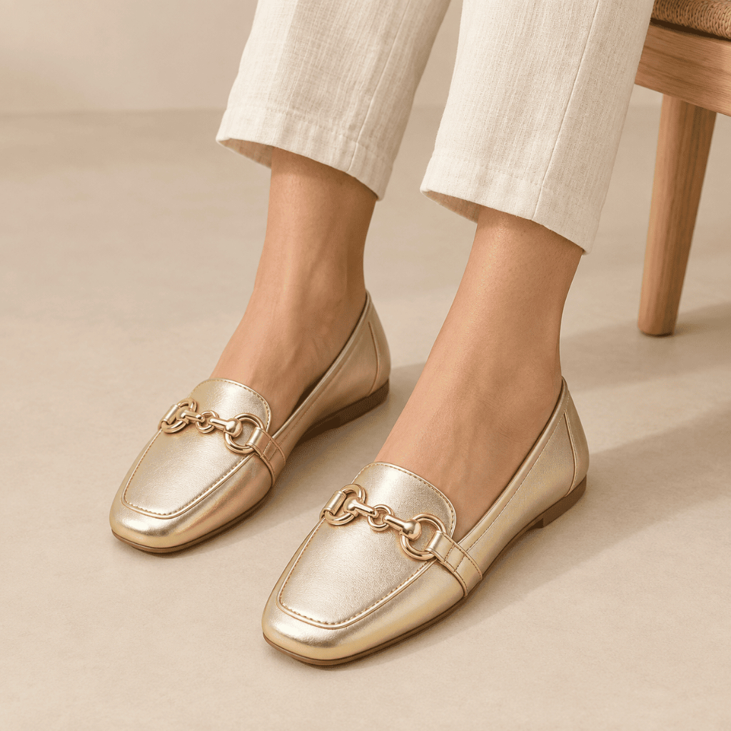 Sapatilha Feminina Mocassim Fivela Dourada Bico Quadrado Confortável Casual Elegante