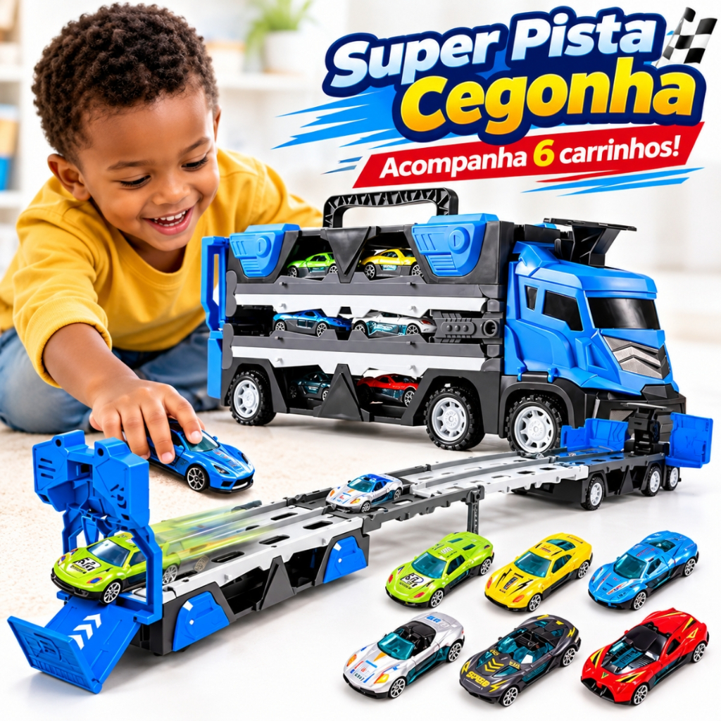 Caminhão Cegonha Vira Pista Com 6 Carrinhos Lançador Maleta Coleção Menino