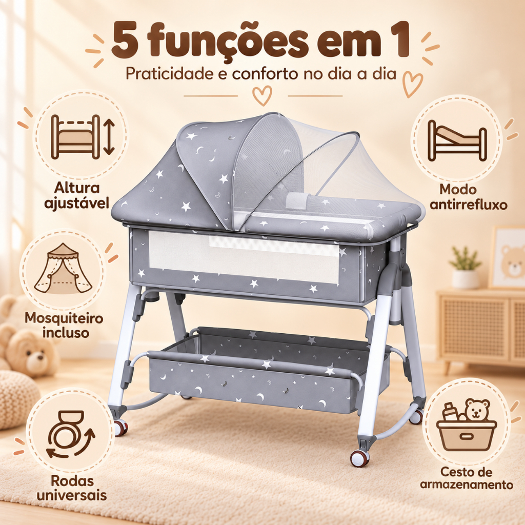 Berço Portátil Infantil Cercado Com Balanço Mosquiteiro Rodas universais e Cesto Cinza -P18