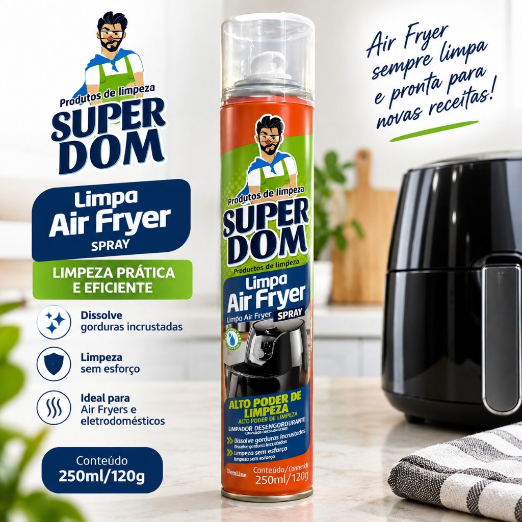 Limpa Air Fryer Super Dom Spray Desengordurante 250ml Remove Gordura da Fritadeira Elétrica 1, 2 ou 3 Unidades