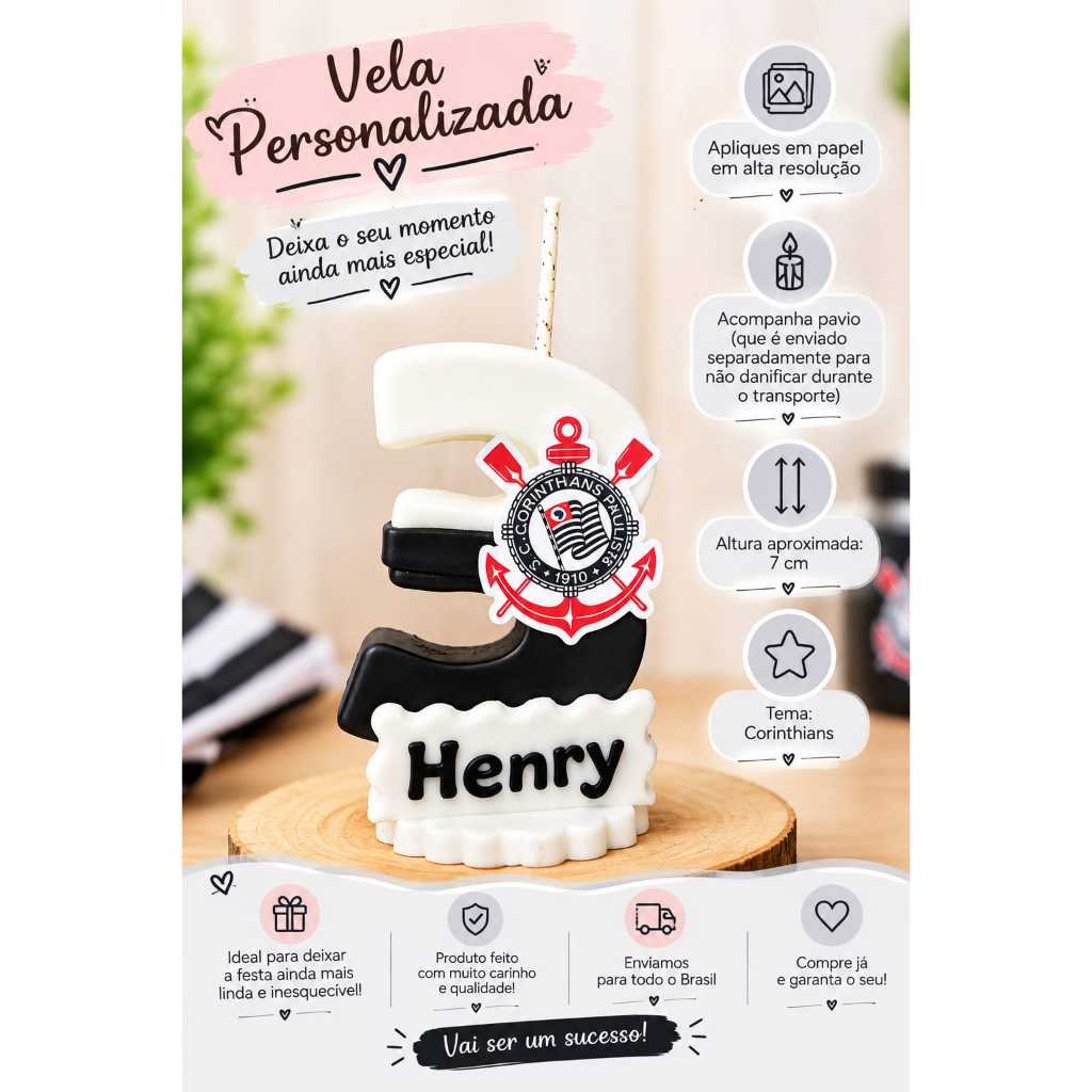 Vela Decorativa Futebol Time biscuit - vela personalizada-vela com nome - topo de bolo - aniversario