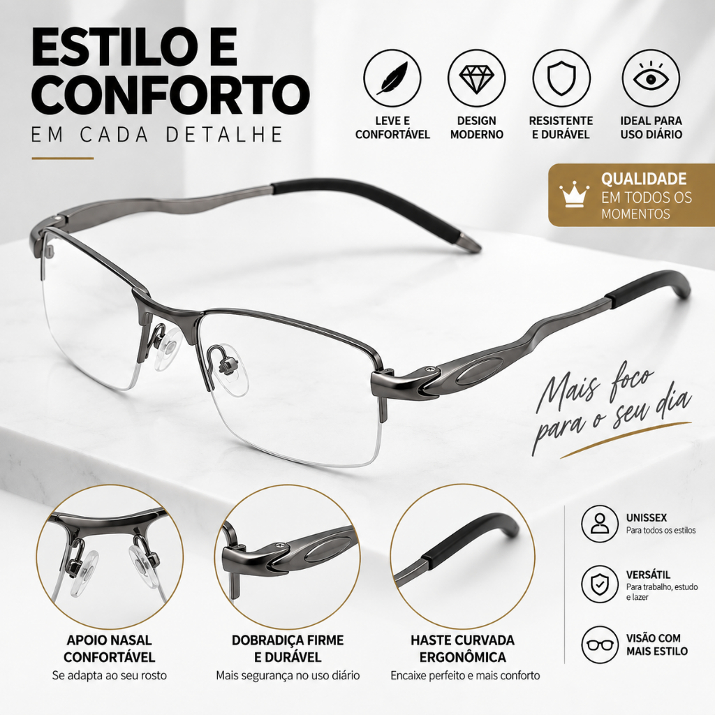 Armação Óculos De Grau Masculino Retangular Alumínio Premium Leve Elegante