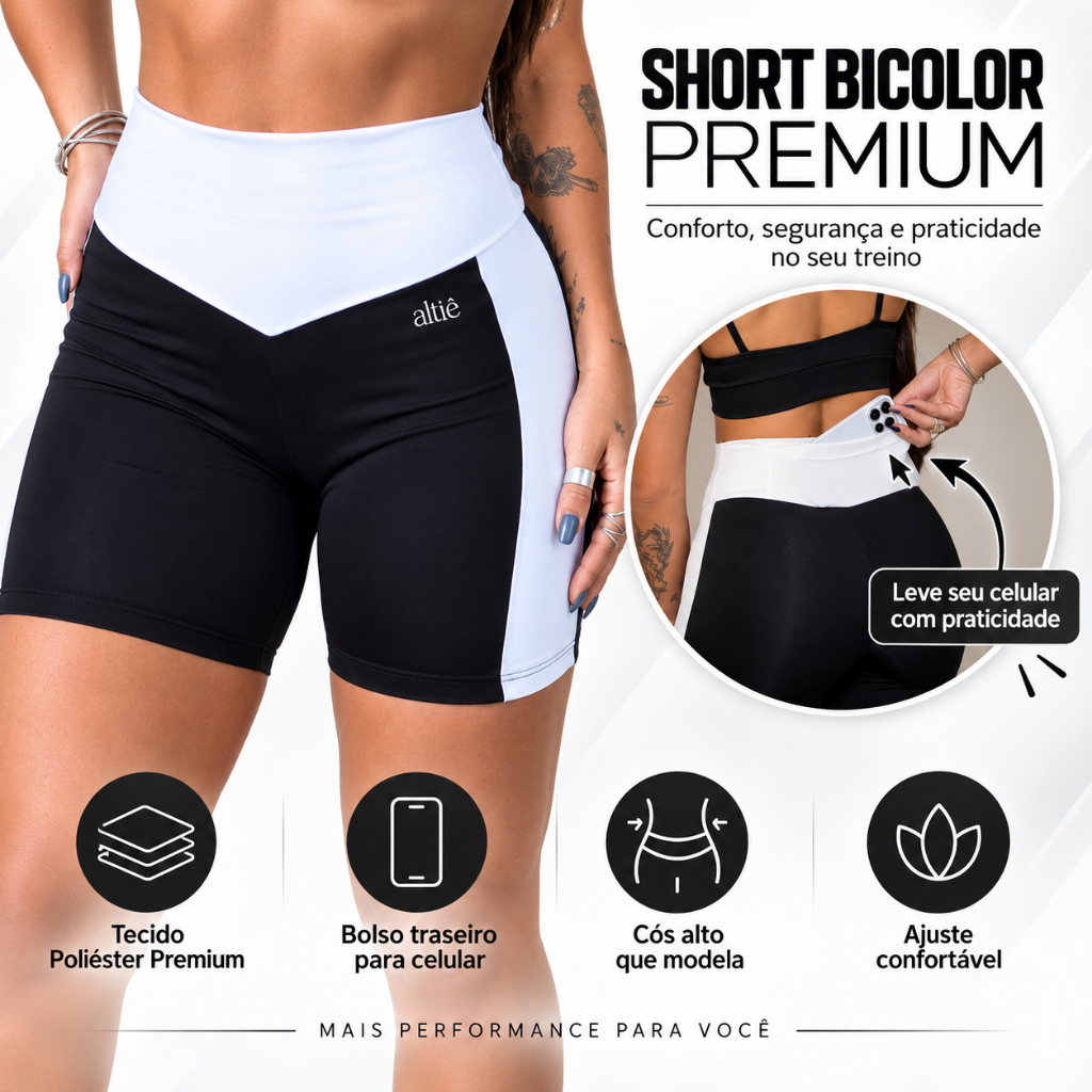 Short Feminino Fitness Cintura Alta Bicolor Zero Transparência Bolso Porta-Celular Academia Treino Altiê F