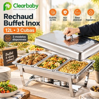 Rechaud Buffet Inox 11 Litros 3 Cubas 1/3 Banho Maria – Ideal Para Buffet Festas E Eventos