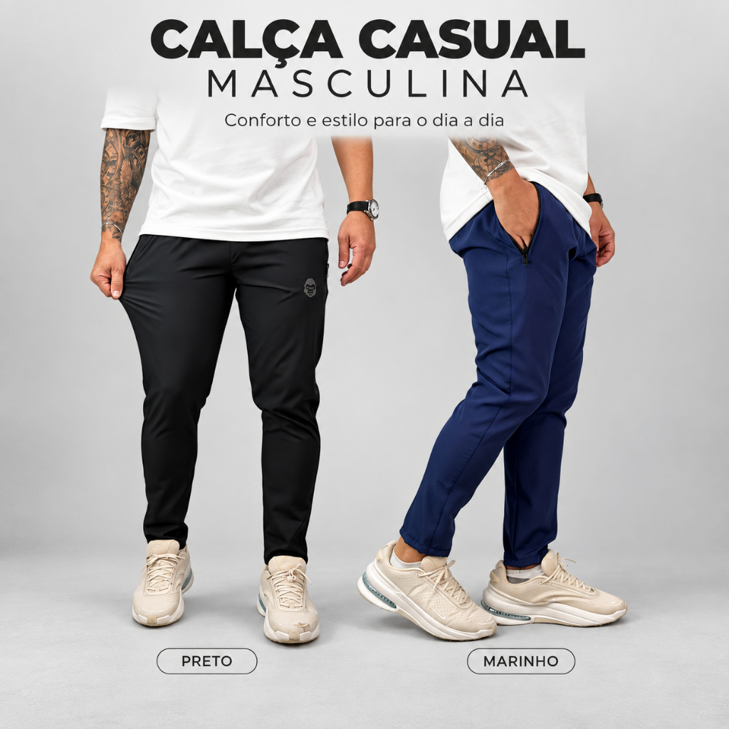 Calça Masculina Tactel com Elastano Zíper no Bolso Kong Treino Academia Corrida Moda Casual