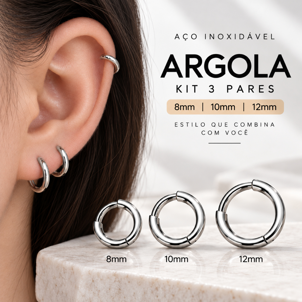 Kit 3 Pares Brinco Argola Aço Inoxidável Prata 8mm