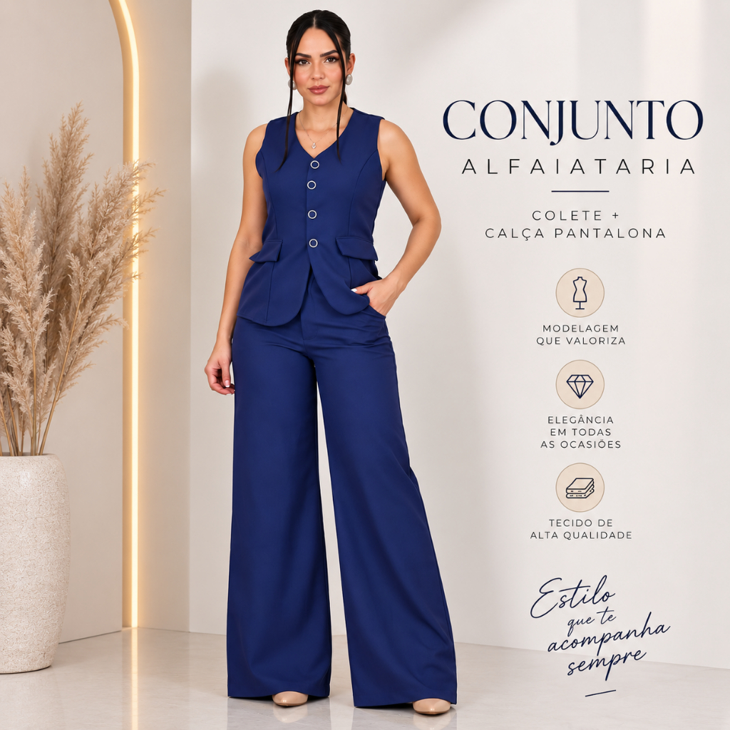 Conjunto Feminino Alfaiataria Elegante com Colete de Botões e Calça Pantalona Social