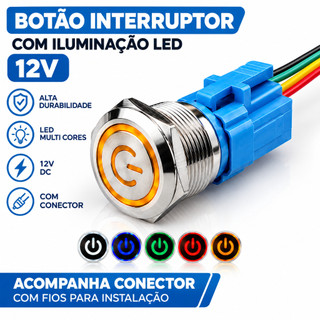 Botão On Off Interruptor Inox 19mm LED Símbolo de Power Chicote Ligação À prova d'água 12-24V Car Switch