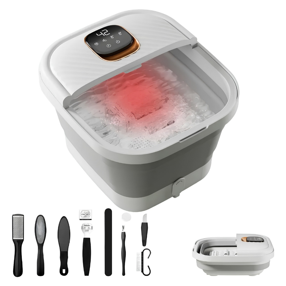 Massageador Pes Spa + Kit Manicure Dobrável Controle de Temperatura Bolhas Tela Touch