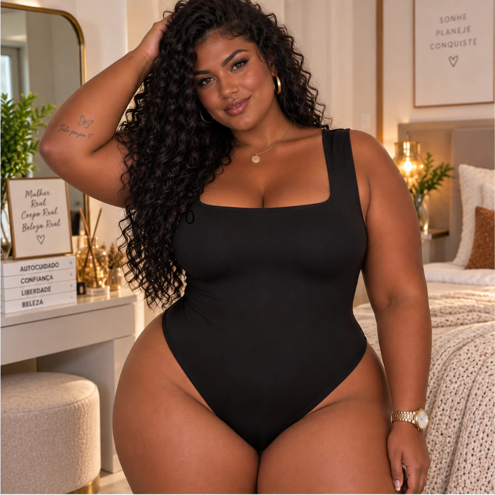 Body Plus Size Feminino Regata Gola Quadrada Suplex Confortável Modela o Corpo Blusinha Básica Elegante — imagem 1