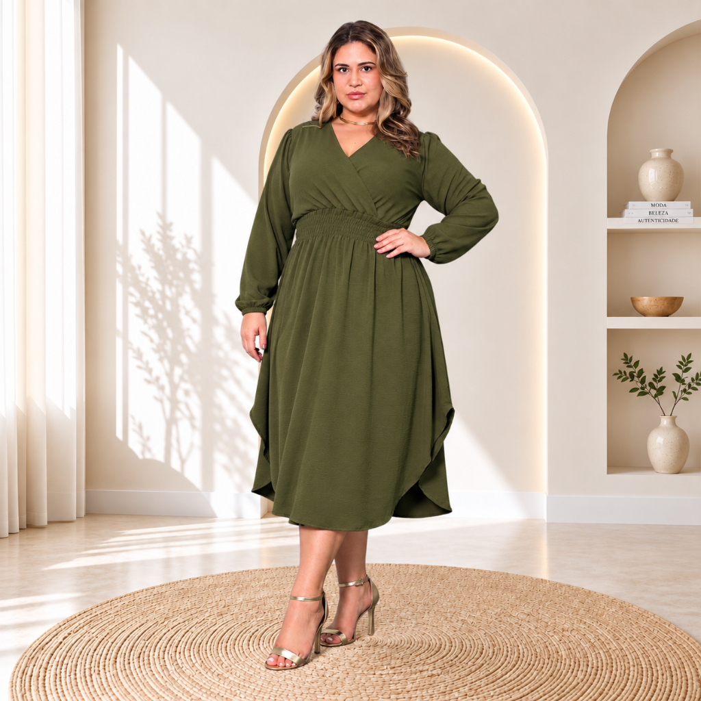 Vestido Plus Size Confortável Manga Longa Decote em V Elegante Festa Midi