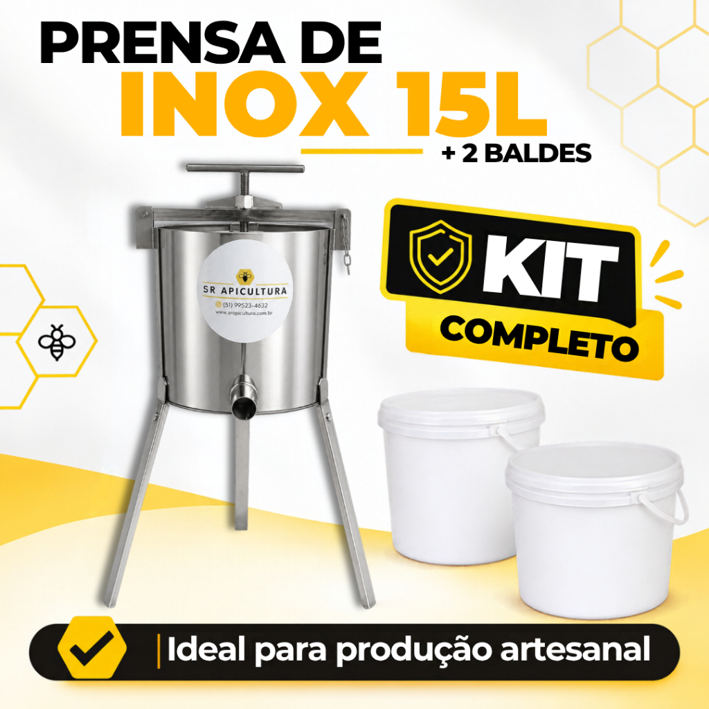 Prensa Completa Manual Inox 15L Banha Torresmo Toucinho Frutas Favo Mel Espremedor 2x Balde Peneira