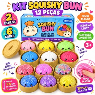 Squishy Bun Surpresa 2 Estilos 6 Cores Brinquedo Sensorial Macio Glitter para Apertar 3+
