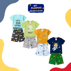 Kit Pijama 2 Peças Verão Brilha no Escuro Menino Infantil Manga Curta 1 A 8