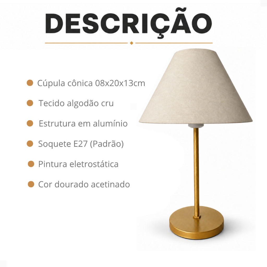 Abajur Luminária De Mesa Cúpula Cônica Em Tecido Base Metal Dourado Para Quarto — imagem 2 de 2