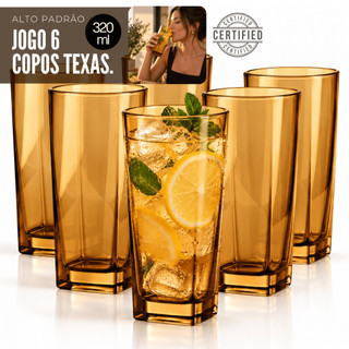 Jogo de Copo Vidro Degrade Ambar Texas 320ml Alto Padrão Fume Preto Copos Quadrado 3 a 6 Unidades