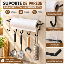 Suporte Porta Rolo Papel Toalha Adesivo Parede Cozinha, 6 Ganchos Pendurar Espátula Colher