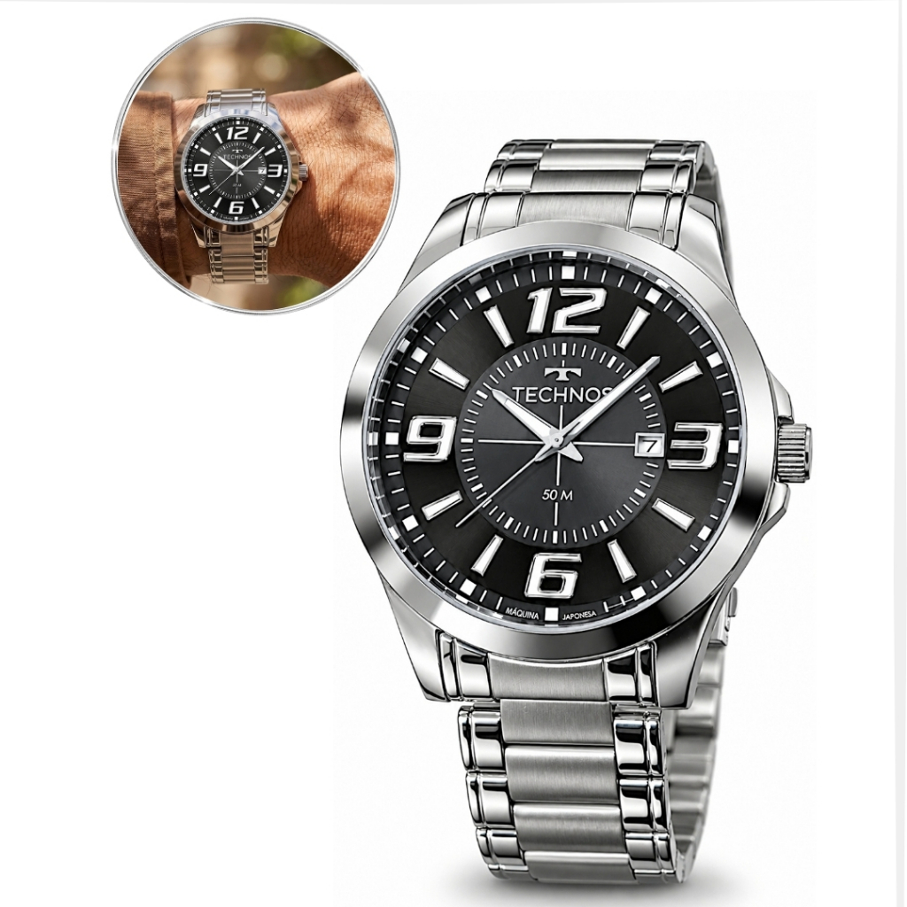Relógio Technos Masculino Aço Inoxidável Prata Fundo Preto Analógico Prova Dagua Grande Original
