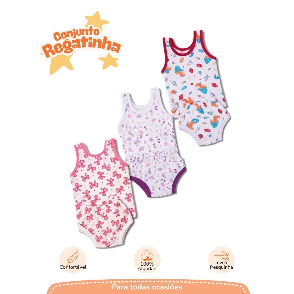 Conjunto Regatinha Bebê Menina Com Tapa Fralda Roupa Infantil Verão 0 a 3 Meses