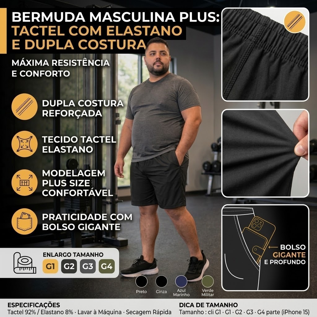 Bermuda Masculina Plus Size G1 G2 G3 G4 Tactel com Elastano Academia Treino Praia Piscina Pesca Casual Secagem Rápida