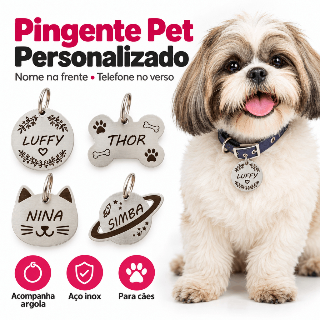 Plaquinha de Identificação Pet Personalizada Com Nome e Telefone Gato Cachorro