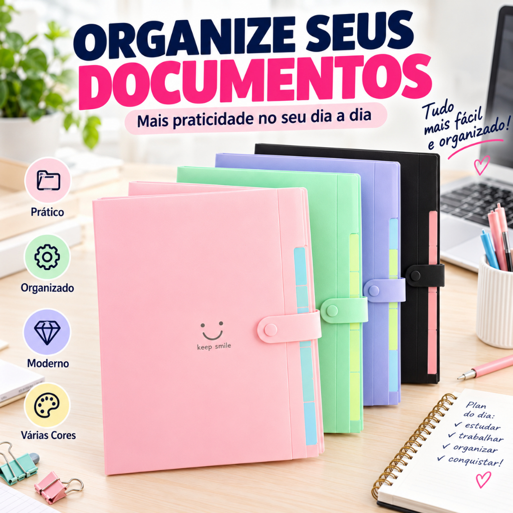 Pasta Sanfonada A4 5 Divisórias Organizadora de Documentos Expansível Colorida