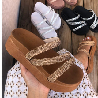 Papete Birken Plataforma Alta Sandália Feminina Flatform 3 Tira Z Strass Luxo Branca Preto Caramelo