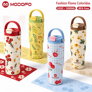MODOFO Copo Termico 1 litro Fashion Garrafa Térmica Inox Floral Estampada com Canudo Antivazamento Alça Quente e Frio