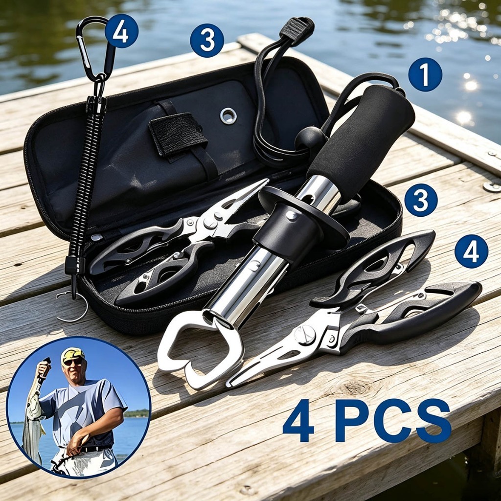 Kit 3/4 Peças Pegador de Lábio de Peixe e Alicate Multifuncional Pesca Aço Inoxidável