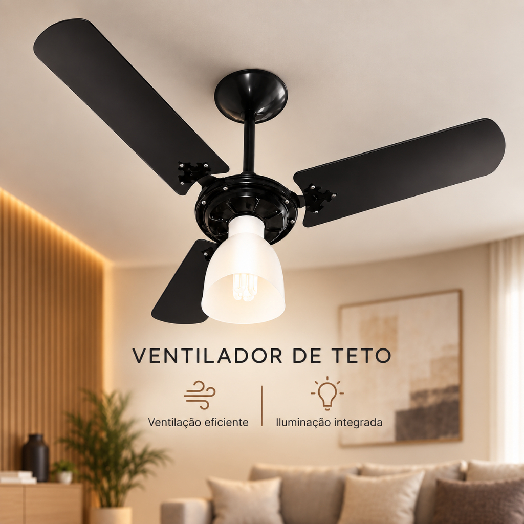 Ventilador de Teto Grande Turbo New Ventura Ventilador Preto 3 Ventilador Teto Quarto Moderno Silencioso