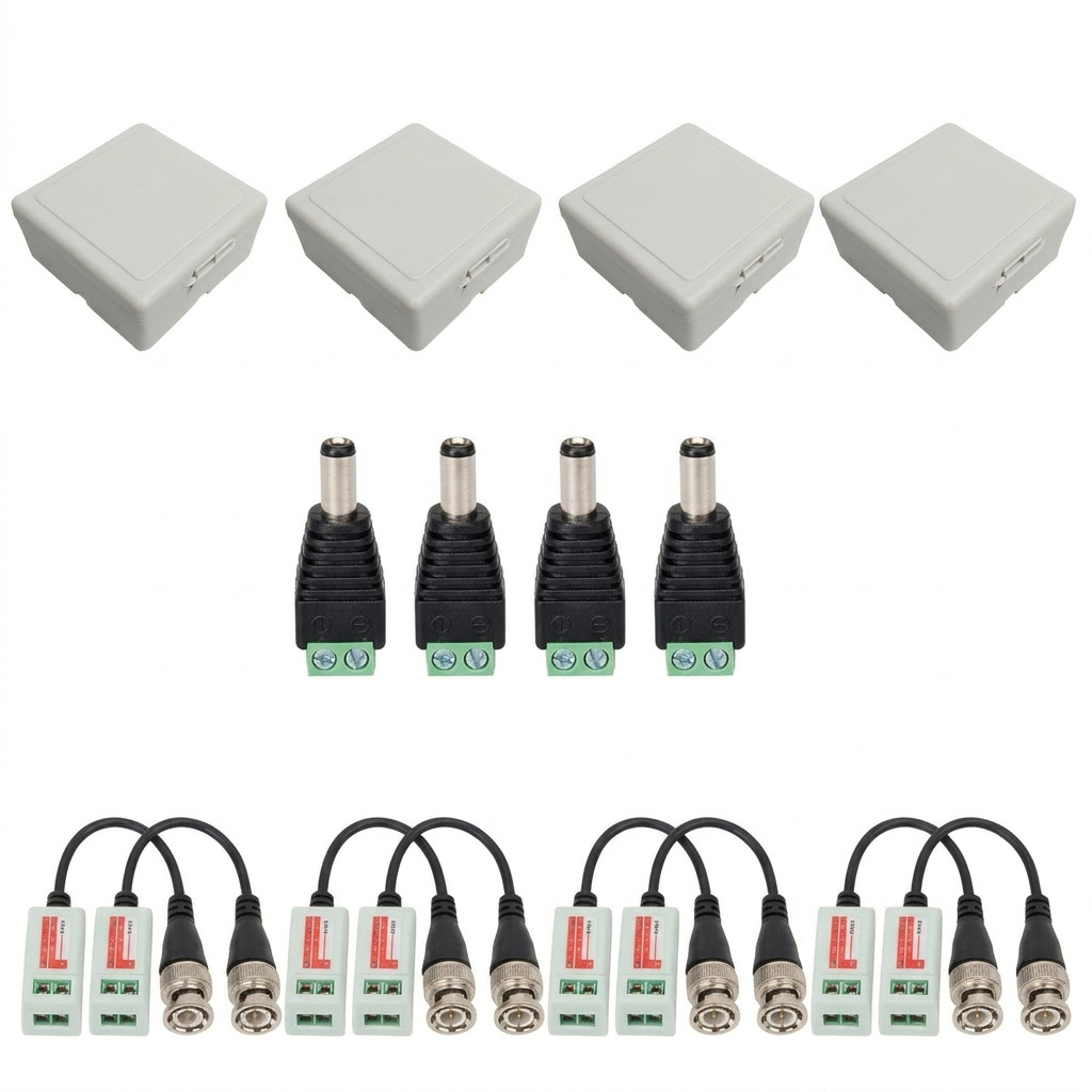 Kit com 4 Pares de Vídeo Balun (Parafuso) + 4 Caixas Sobrepor + 4 Conectores P4 Borne