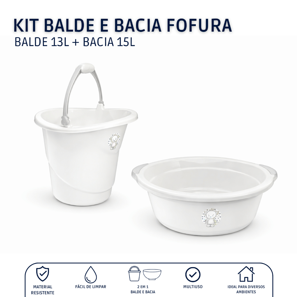 Kit Infantil Bacia 15L + Balde 13L | Fofura Branco | Cajovil | Higienização | Unitario ou Kit Completo