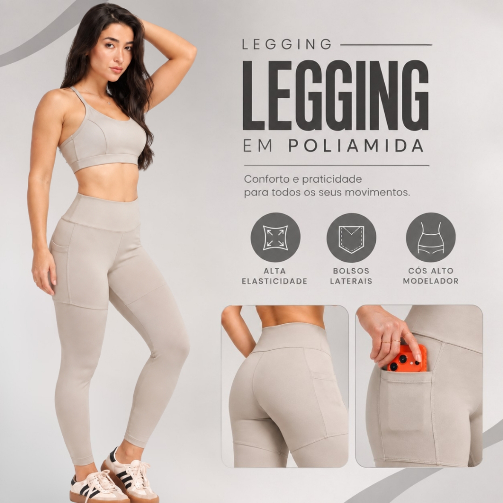 Calça Legging Poliamida Premium de Cintura Alta Com Bolsos Laterais Academia Feminina Elástica e Fitness