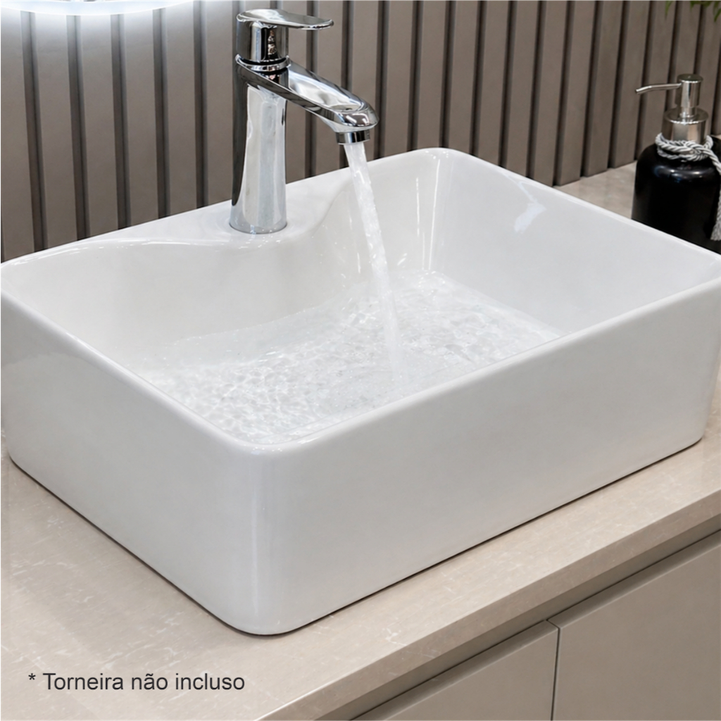 Cuba 40x30 de Porcelana Branca Deka Baby Com Válvula de Click Sobrepor Retangular Banheiro Lavabo