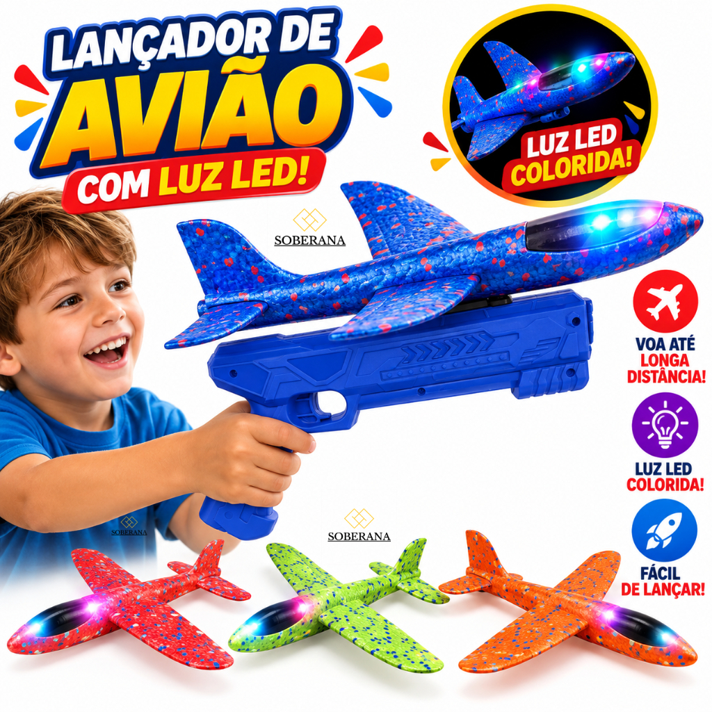 Avião Lançador Grande com Luz Infantil Voa Longe Brinquedo Seguro Planador Catapulta Menino Menina
