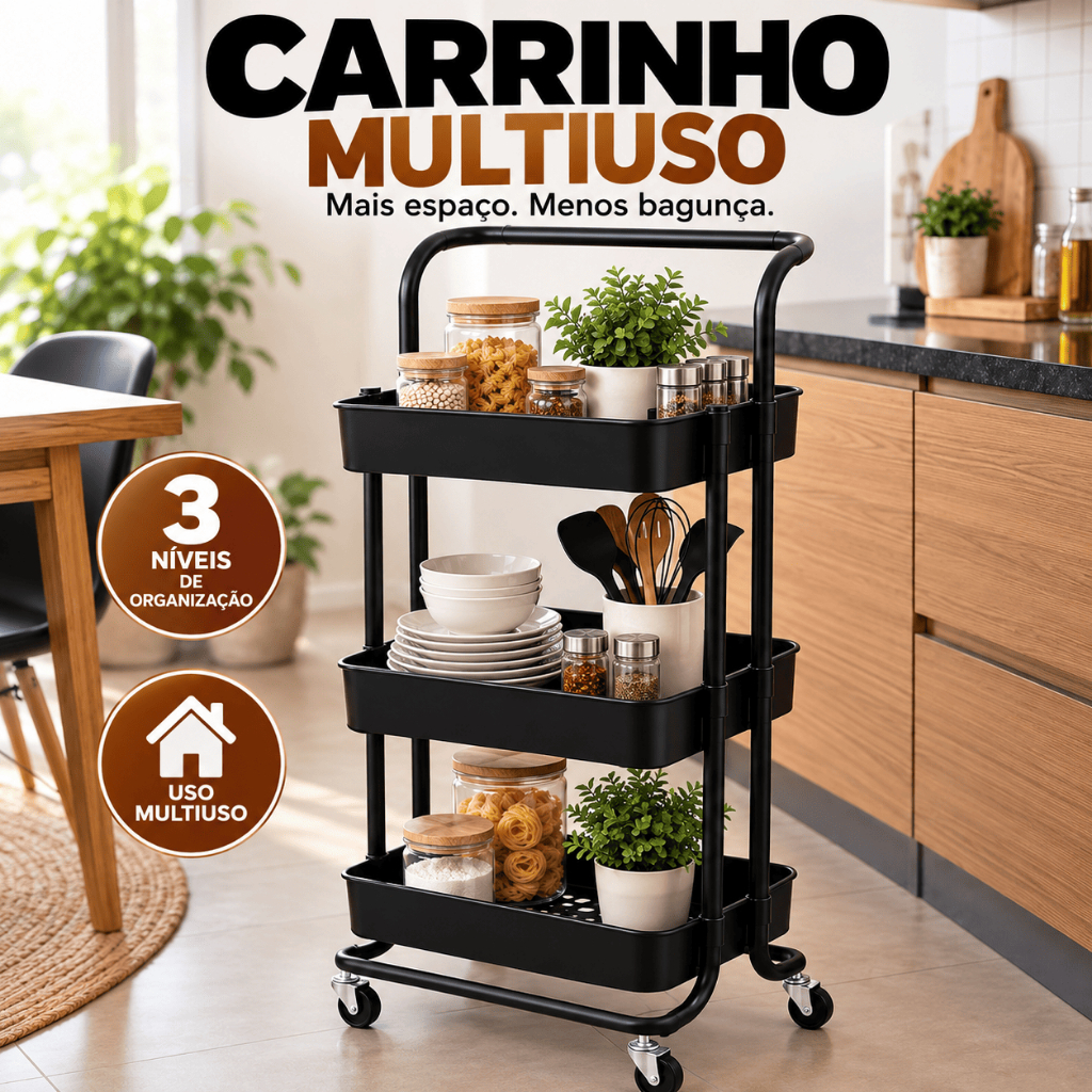 Carrinho Organizador Multiuso 3 Prateleiras com Rodinhas para Cozinha Banheiro Lavanderia