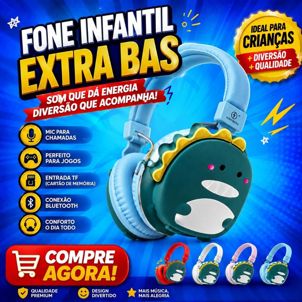 Fone Bluetooth Infantil Dinossauro Kapbom Extra Bass Entrada Cartao SD